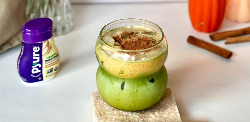 Low-Sugar Pumpkin Cream Matcha with Caramel Drizzle with Pyure Simply Sweet