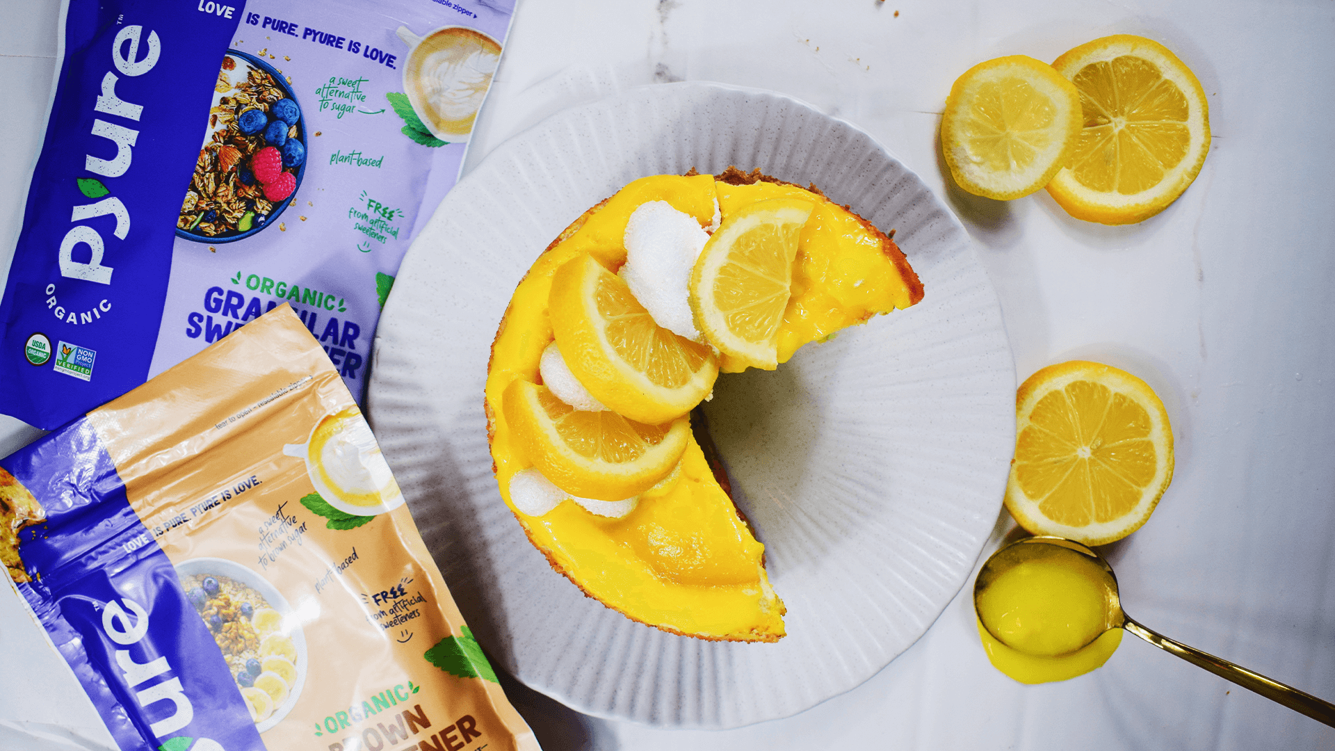 vegan, low-sugar, gluten-free, keto lemon cheesecake on plate by Pyure