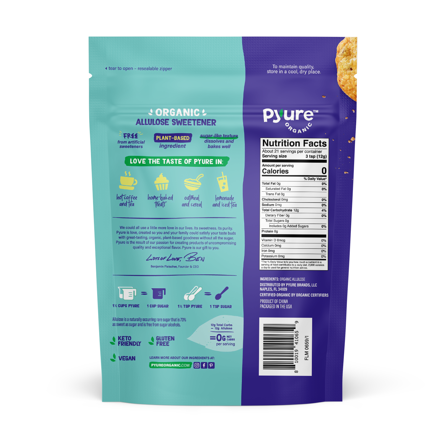 Back of Pyure Organic Allulose Sweetener Pouch. Vegan, keto, sugar-free.