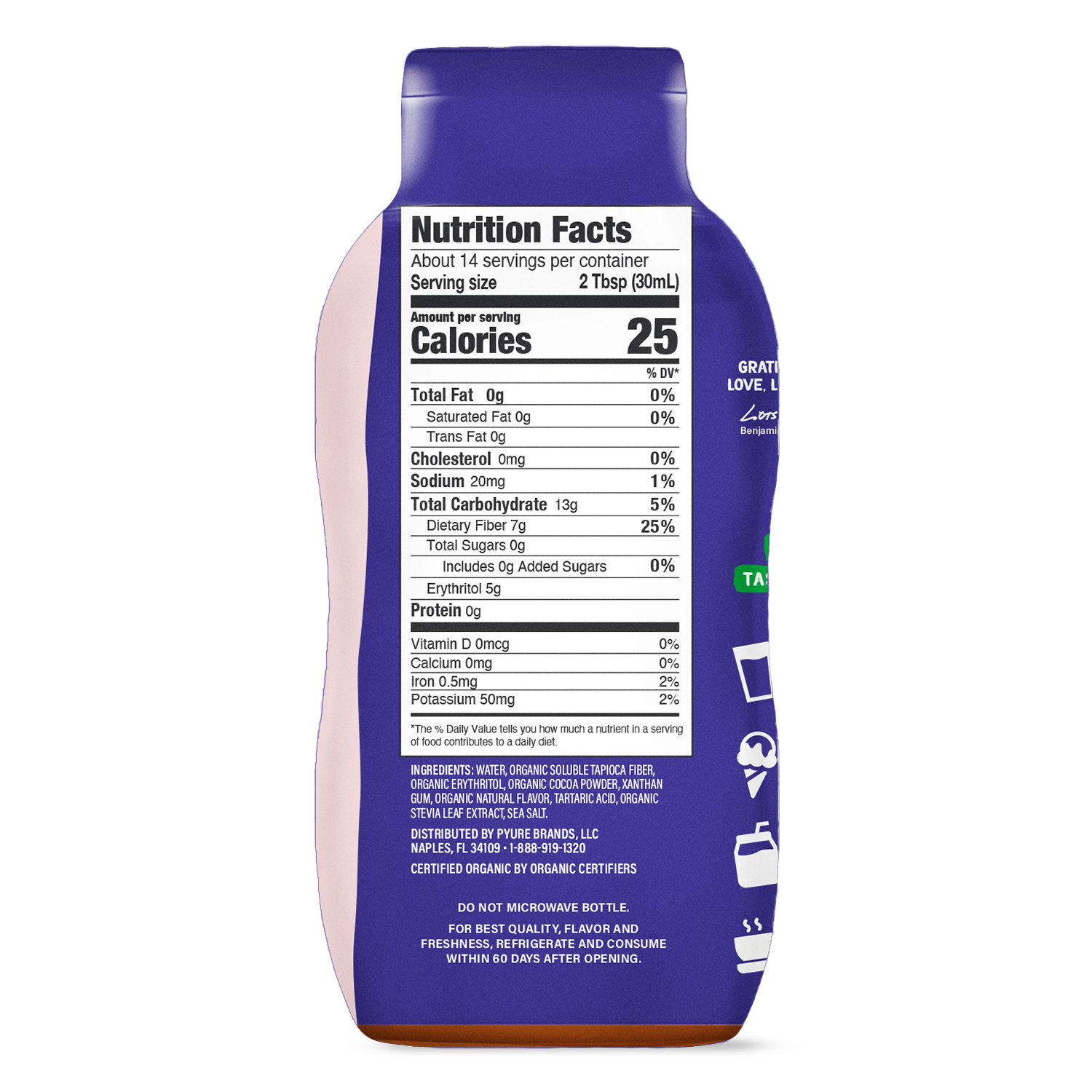 nutritional label of bottle of pyure organic sugar free chocolate syrup with cocoa