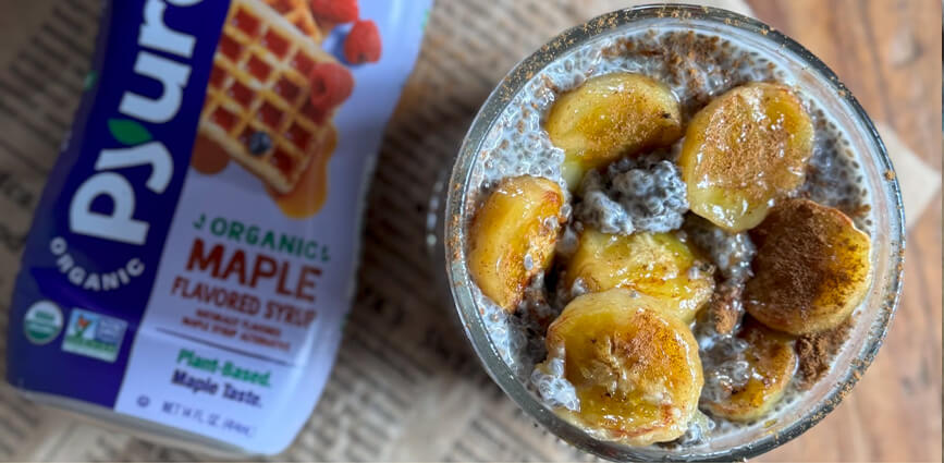 Air Fryer Caramelized Bananas with No Added Sugar next to Pyure maple-flavored syrup