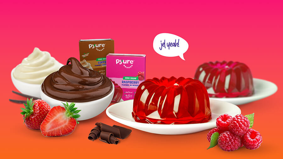 Pyure Zero-Sugar Gluten-Free Vegan Jel & Pudding Mixes - Strawberry Raspberry Vanilla Coffee & Chocolate Flavors.