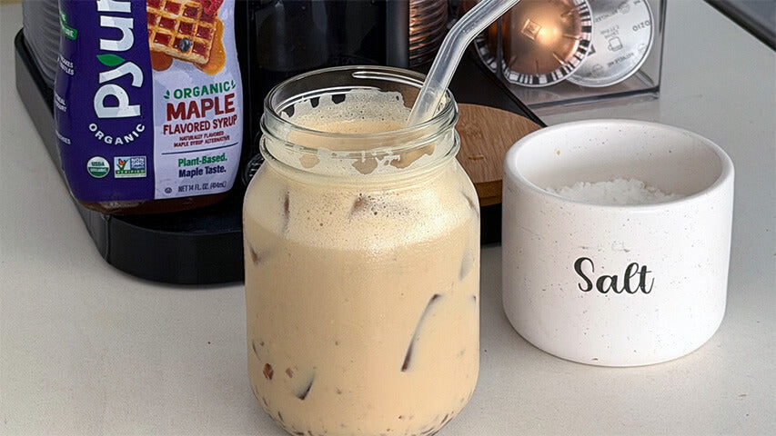 Iced Salted Maple Latte made with Pyure sugar-free Maple Flavored Syrup