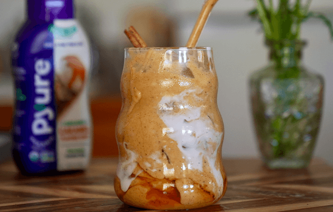 Pumpkin Spice Protein Smoothie with sugar free Pyure caramel syrup