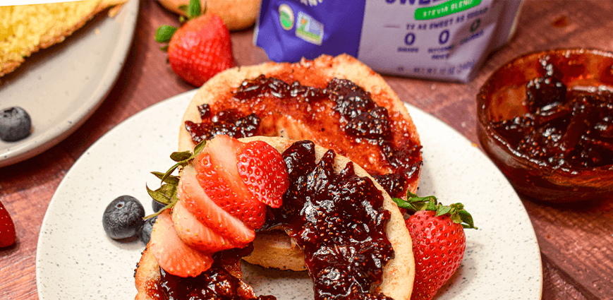 Low-Sugar Roasted Strawberry Jam on bagel for recipe post