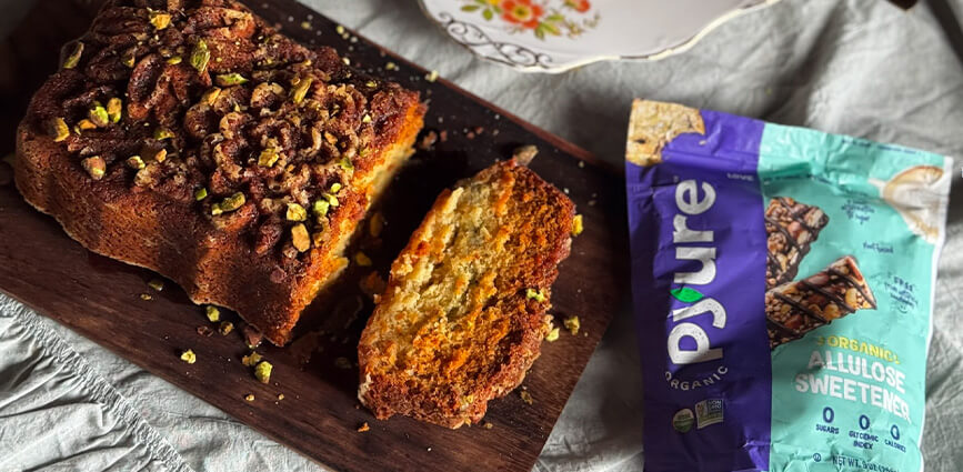 Vanilla Pistachio Loaf with Rose Syrup with bag of Pyure organic Allulose