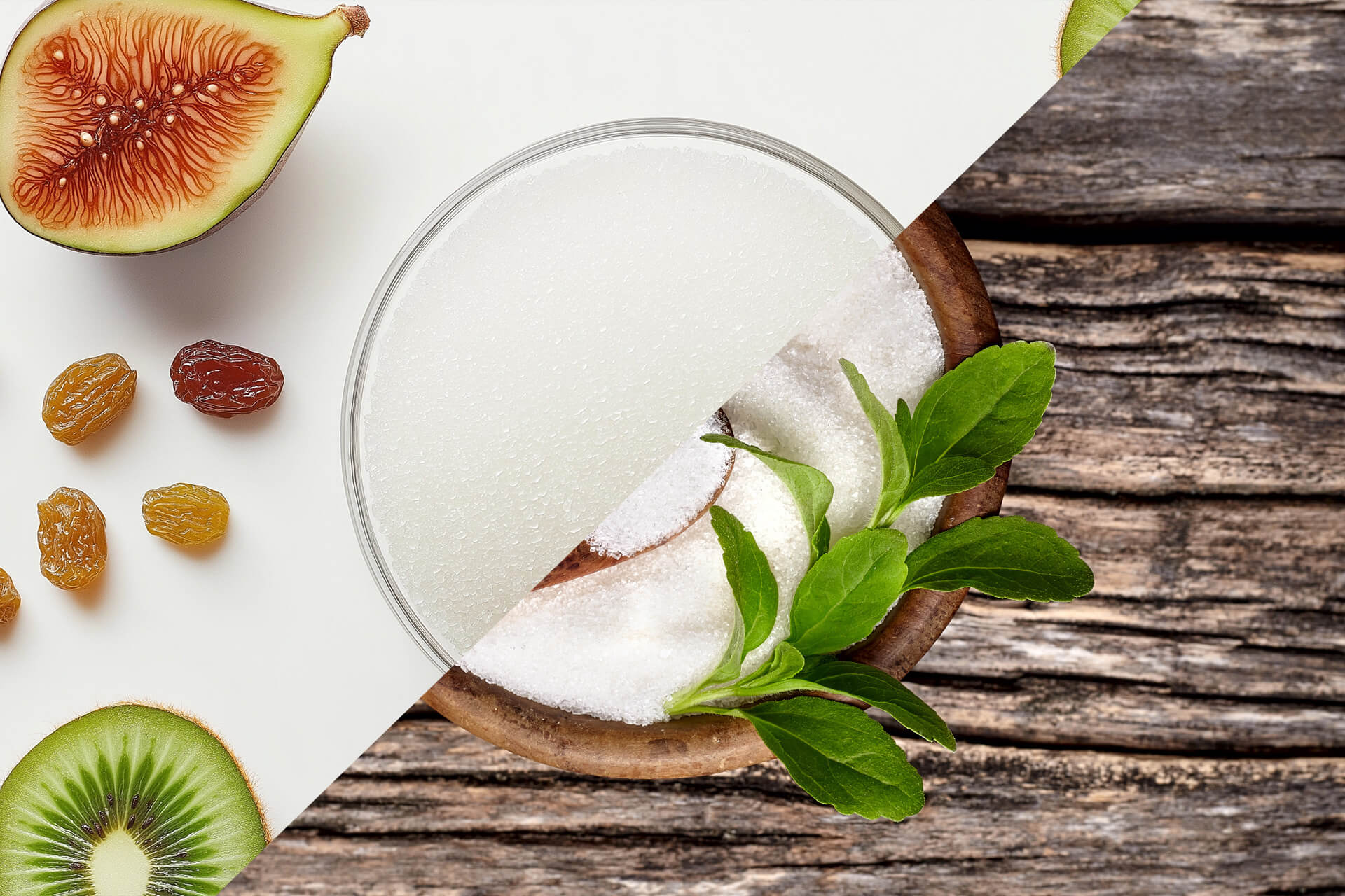 Stevia vs Allulose Blog graphic with figs, kiwis, and stevia leaves