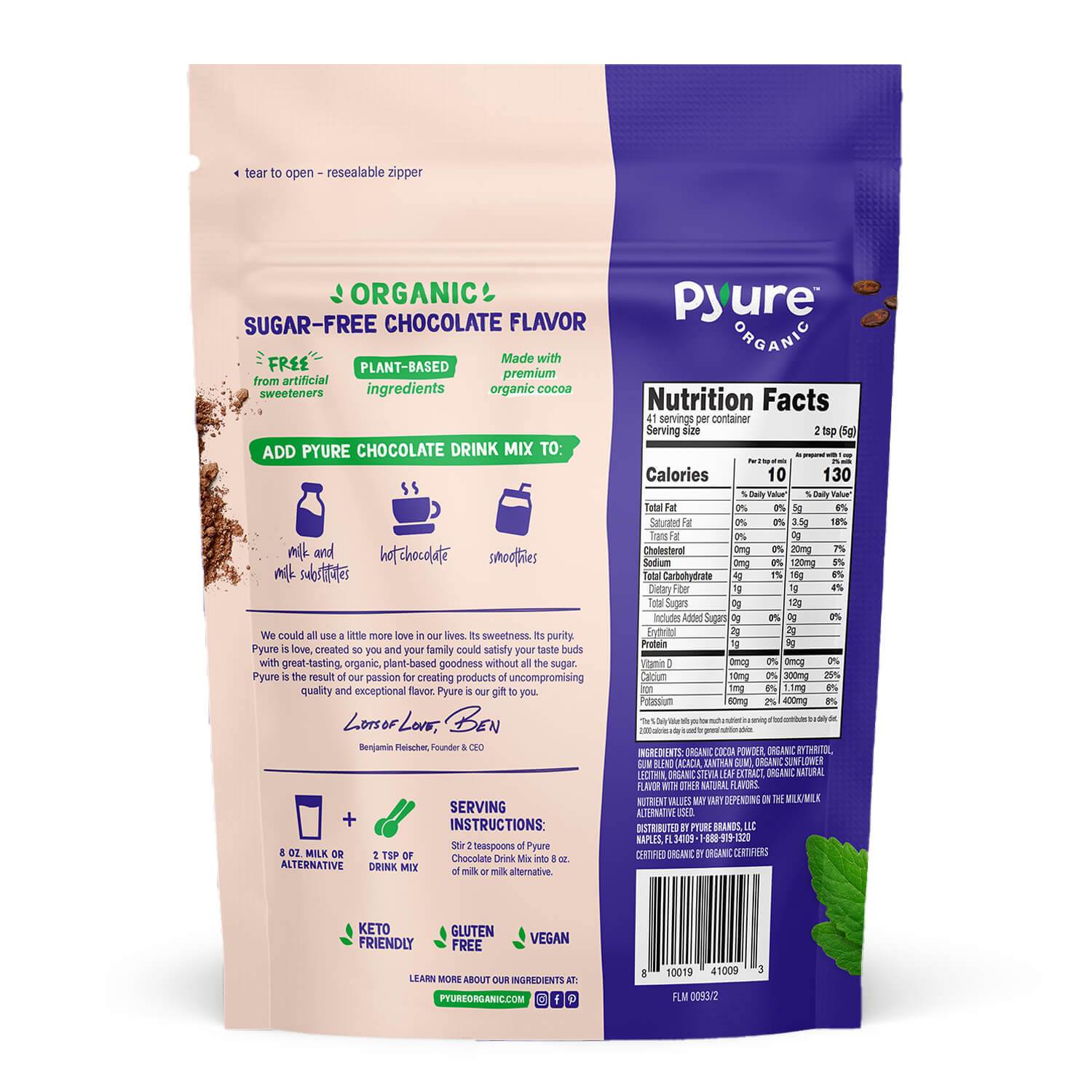 SugarFree Chocolate Drink Mix With Cocoa Pyure Organic