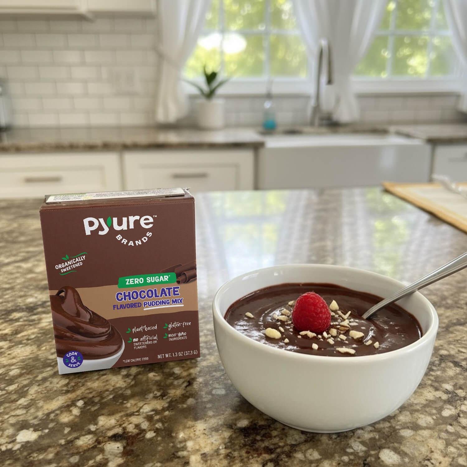 Pyure chocolate pudding mix box with a bowl of pudding on a kitchen counter