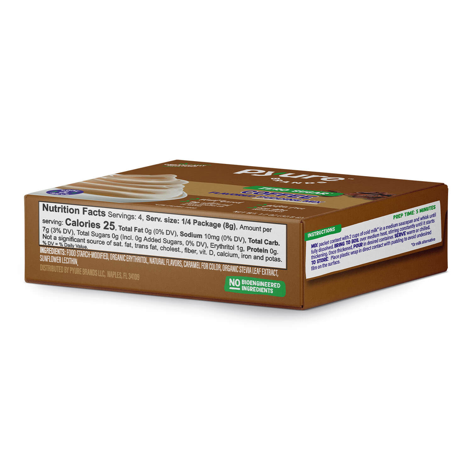 Pyure sugar-free coffee flavored pudding mix side packaging. Dairy-free, low-carb, low calorie, keto-friendly, made with organic stevia.
