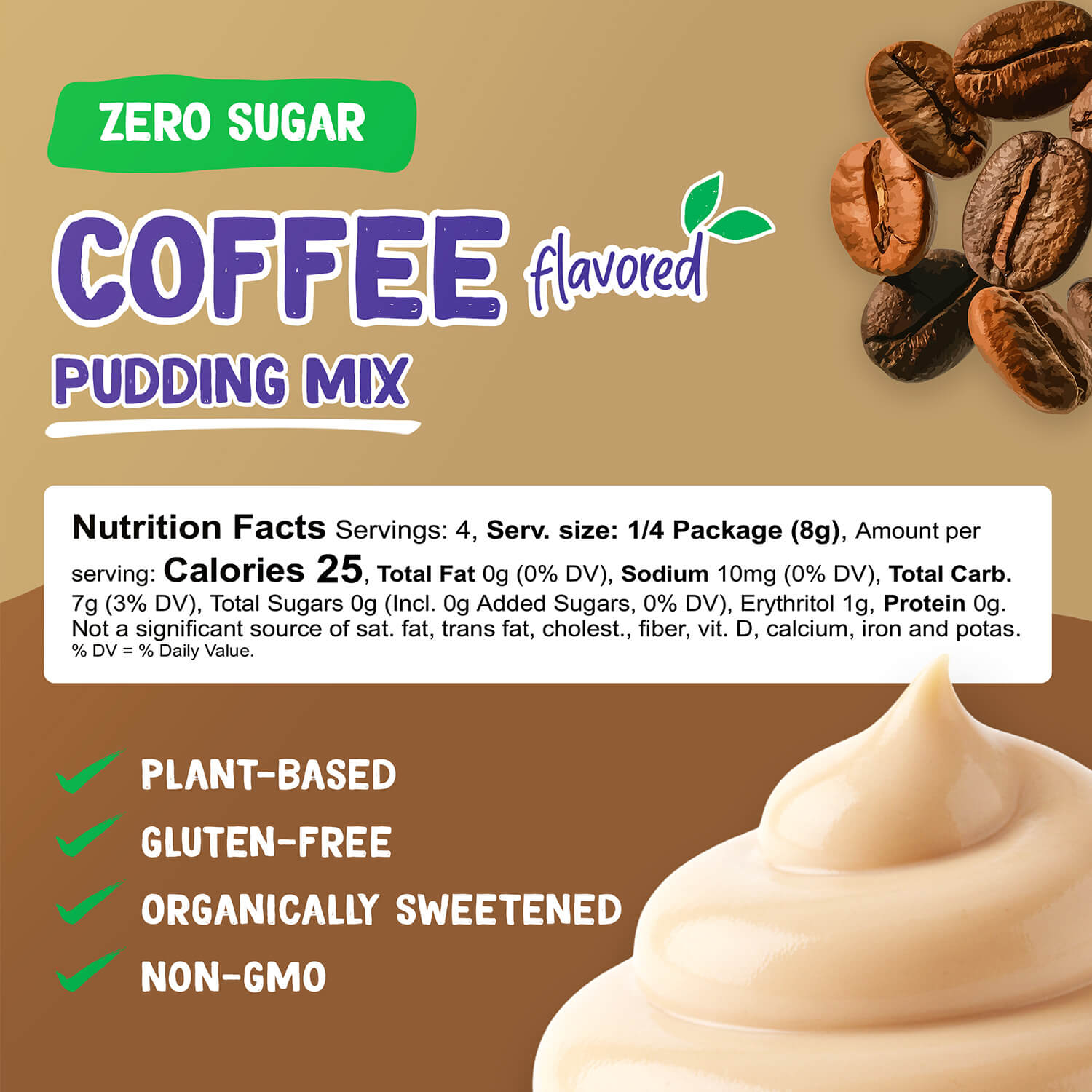 Pyure Coffee flavored pudding mix directions packaging—plant-based sweetened dessert mix for whole family; sugar-free, instant, low carb & calories, gluten-free, non-GMO
