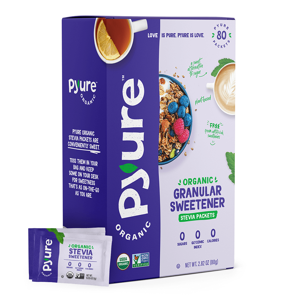Pyure Organic Sweetener Packets 80 ct. Same taste as sugar, all natural, keto and low calorie. 