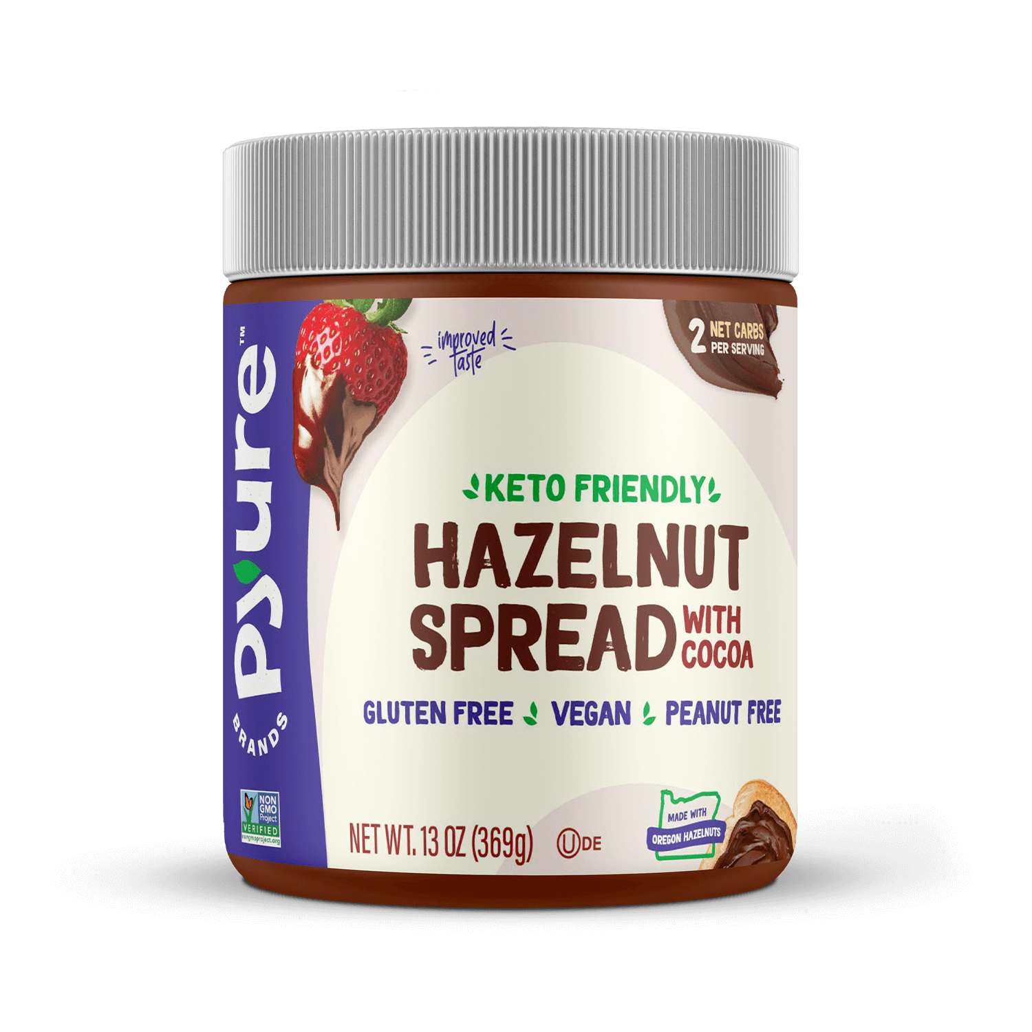 Packaging of Pyure Organic Keto and Sugar-Free Hazelnut Spread with Cocoa. Peanut and gluten free. Vegan. 