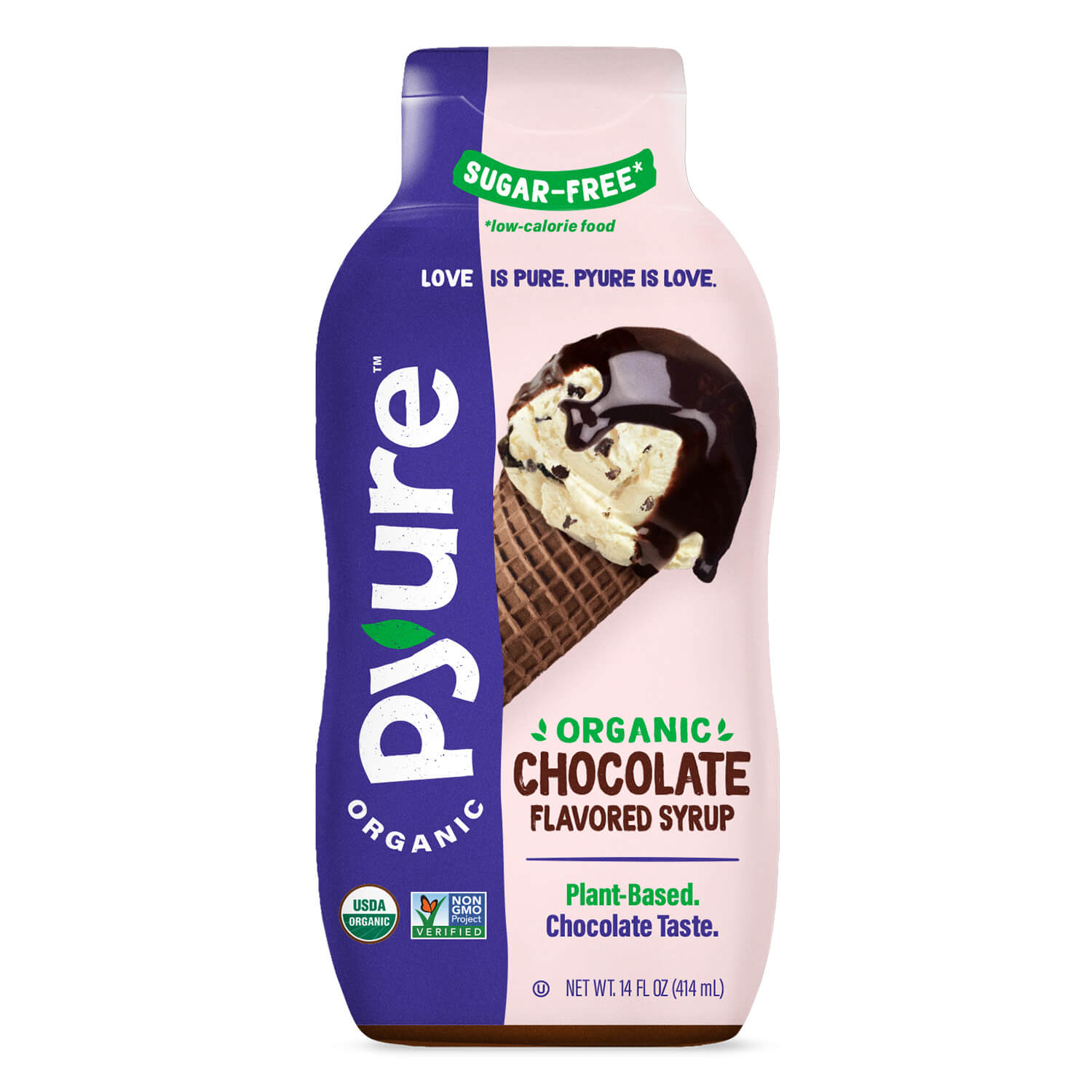 bottle of pyure organic sugar free chocolate syrup with cocoa