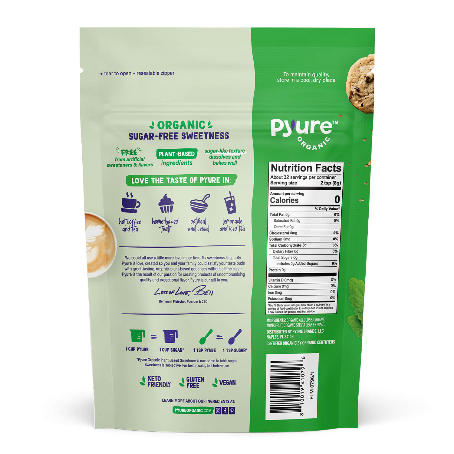 Nutitional label and back of packaging for plant-based Pyure organic sweetener. 1:1 sugar replacement for baking, beverages, and more.
