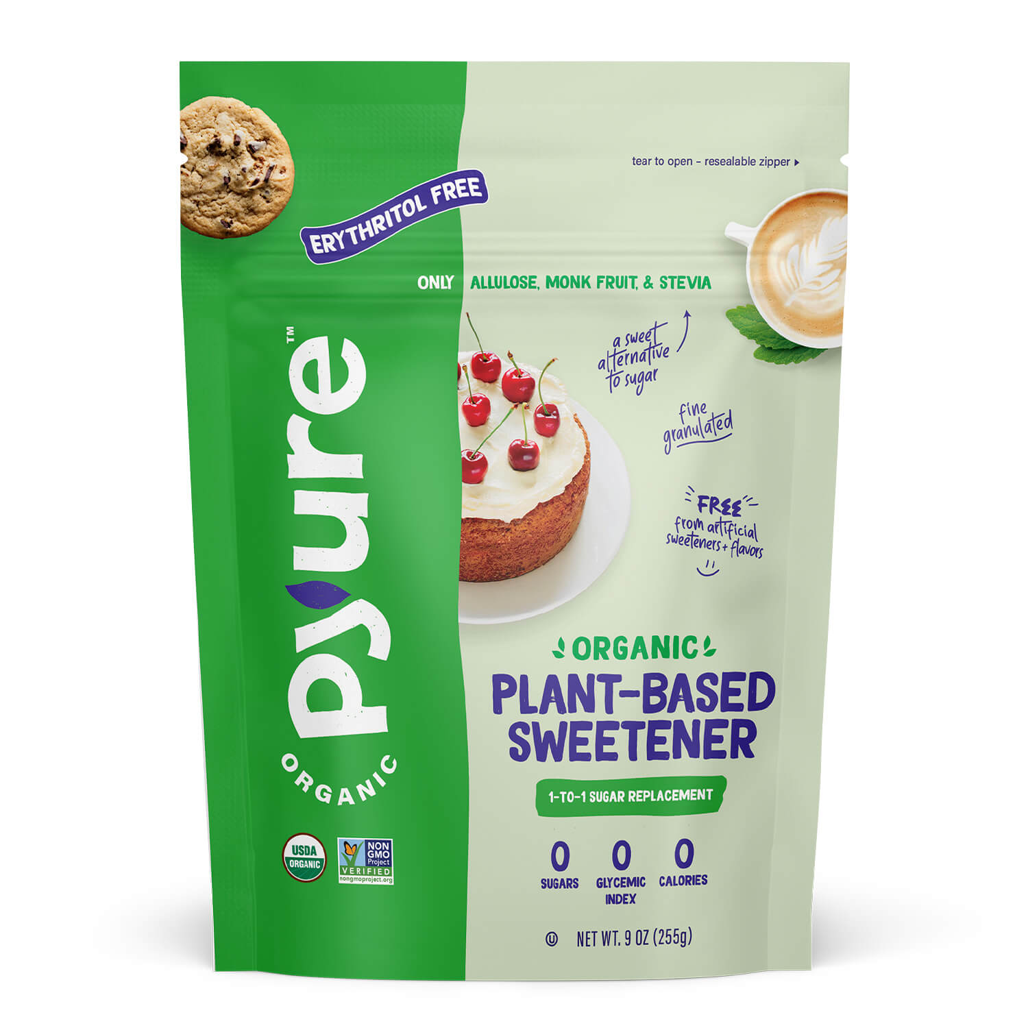 Package of pyure organic plant-based granualted sweetener with zero sugar, calories and glycemic index