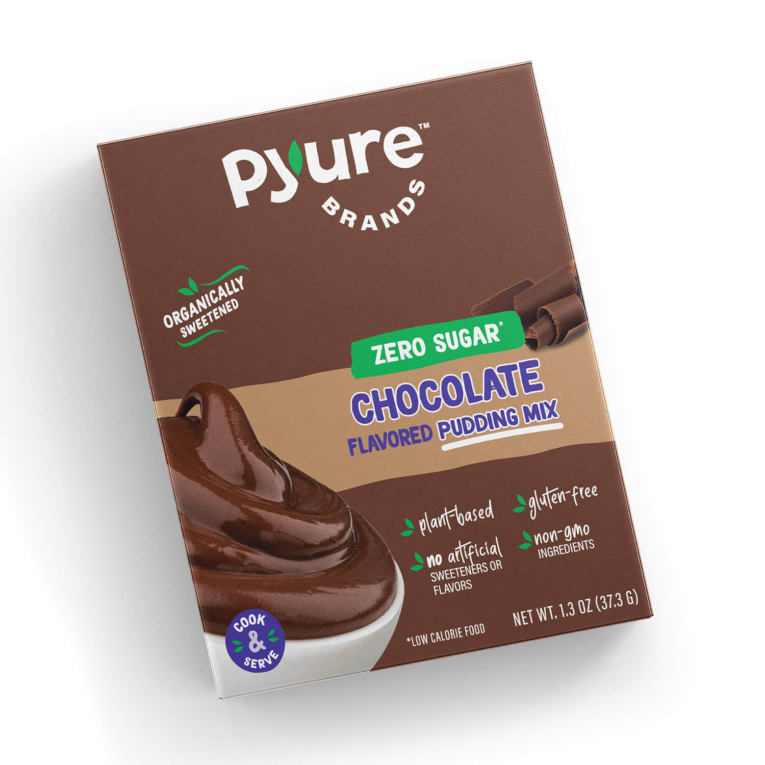 Pyure sugar-free chocolate flavored pudding mix front packaging. Organically sweetened, plant-based, gluten free, non-GMO.