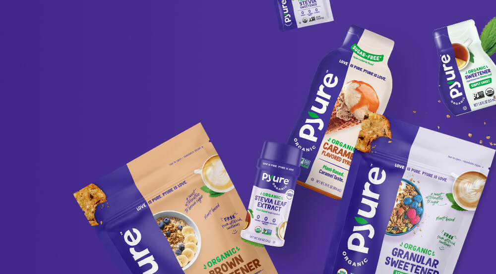 Pyure's variety of sugar-free products: liquid stevia, brownie and cookie mixes, granular stevia, caramel syrup and stevia leaf extract. 