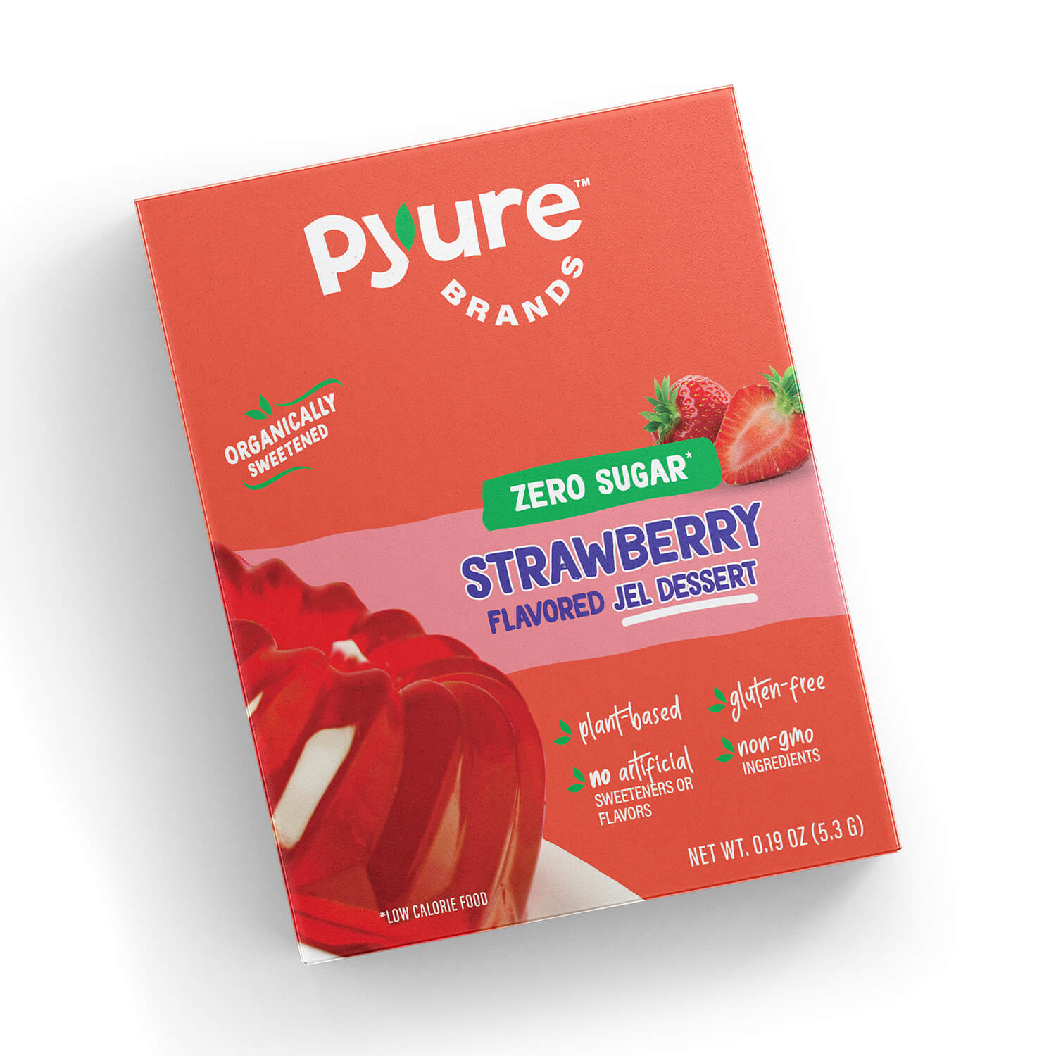 Pyure sugar-free strawberry flavored jel dessert front packaging. Organically sweetened, plant-based, gluten free, non-GMO, no artificial flavors.
