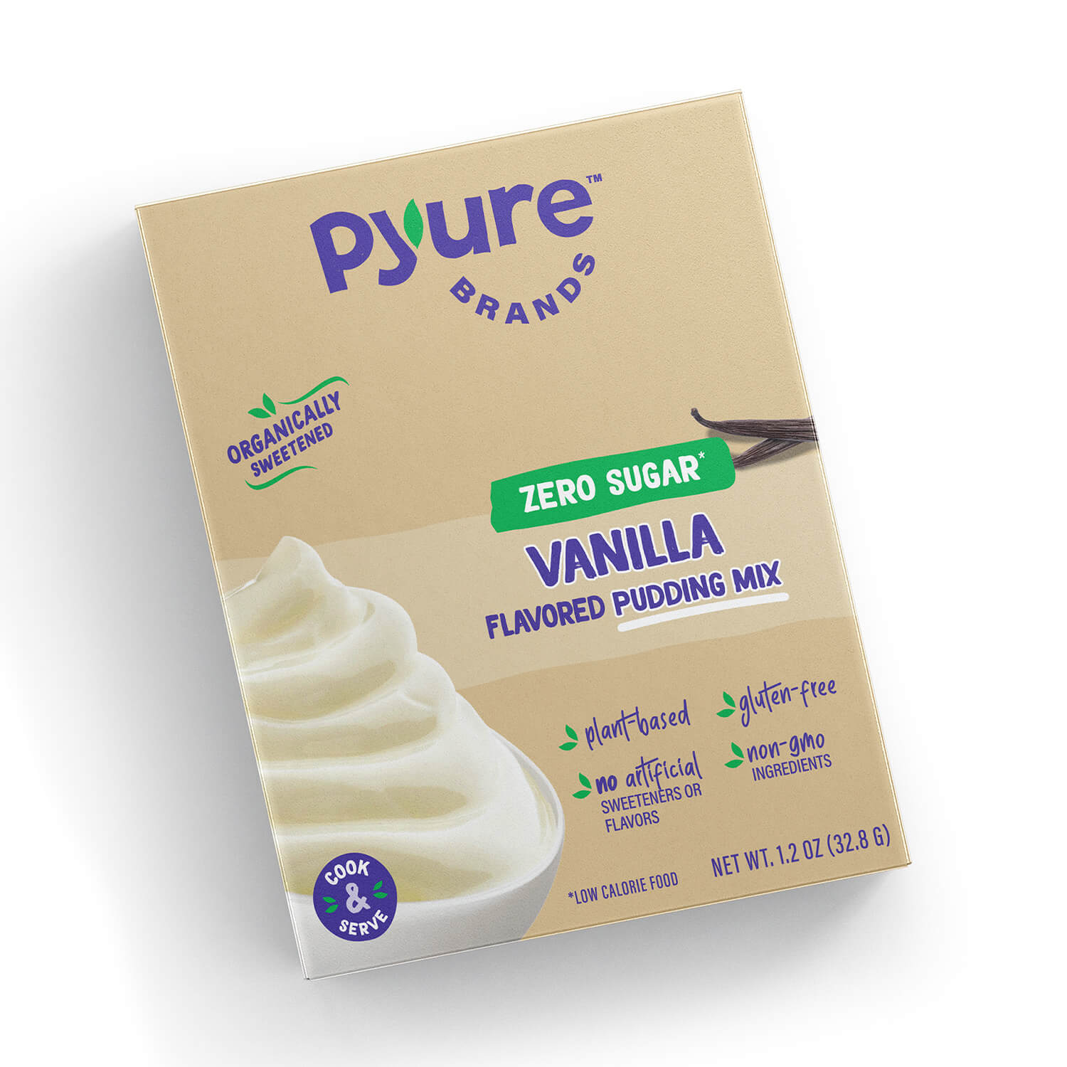 Pyure sugar-free vanilla flavored pudding mix front packaging. Organically sweetened, plant-based, gluten free, non-GMO.