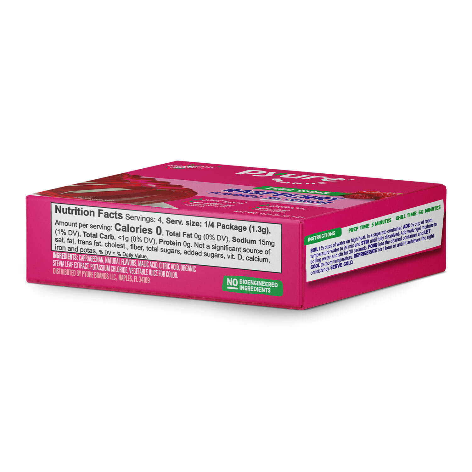 Pyure sugar-free raspberry flavored jel side packaging. Low-carb, zero calorie, keto-friendly dessert sweetened with organic stevia.