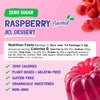 Raspberry flavored jel dessert nutrition facts and health benefits on a pink background. Zero-Calories, Plant-based/Gelatin-free, Gluten-free, Organically sweetened, Non-GMO