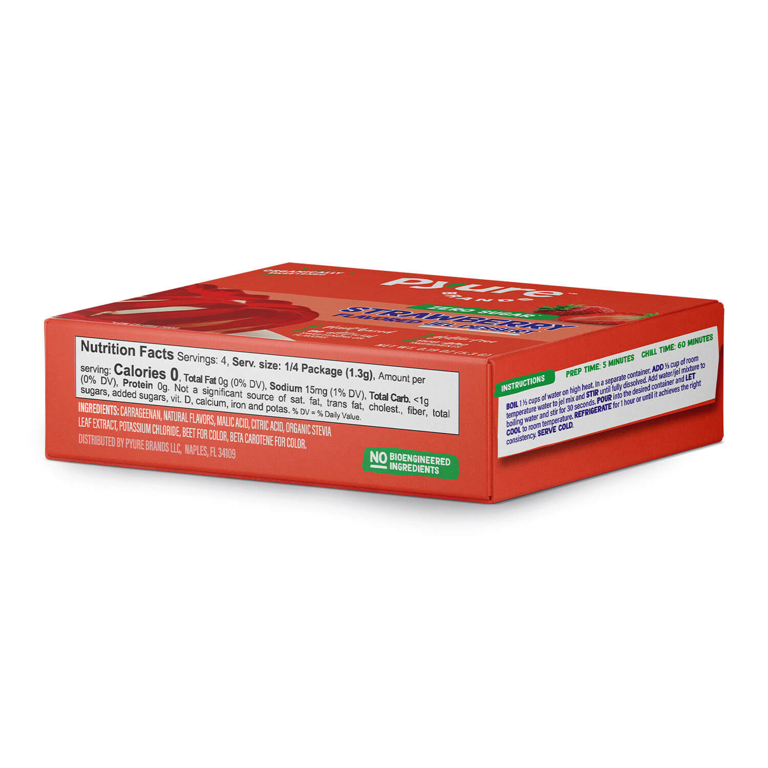 Pyure sugar-free raspberry flavored jel dessert side packaging. Low-carb, zero calorie, keto-friendly, sweetened with organic stevia.