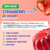Strawberry flavored jelly dessert nutritional information on a pink background. Zero-Calories, Plant-based/Gelatin-Free, Gluten-free, Organically Sweetened, Non-GMO