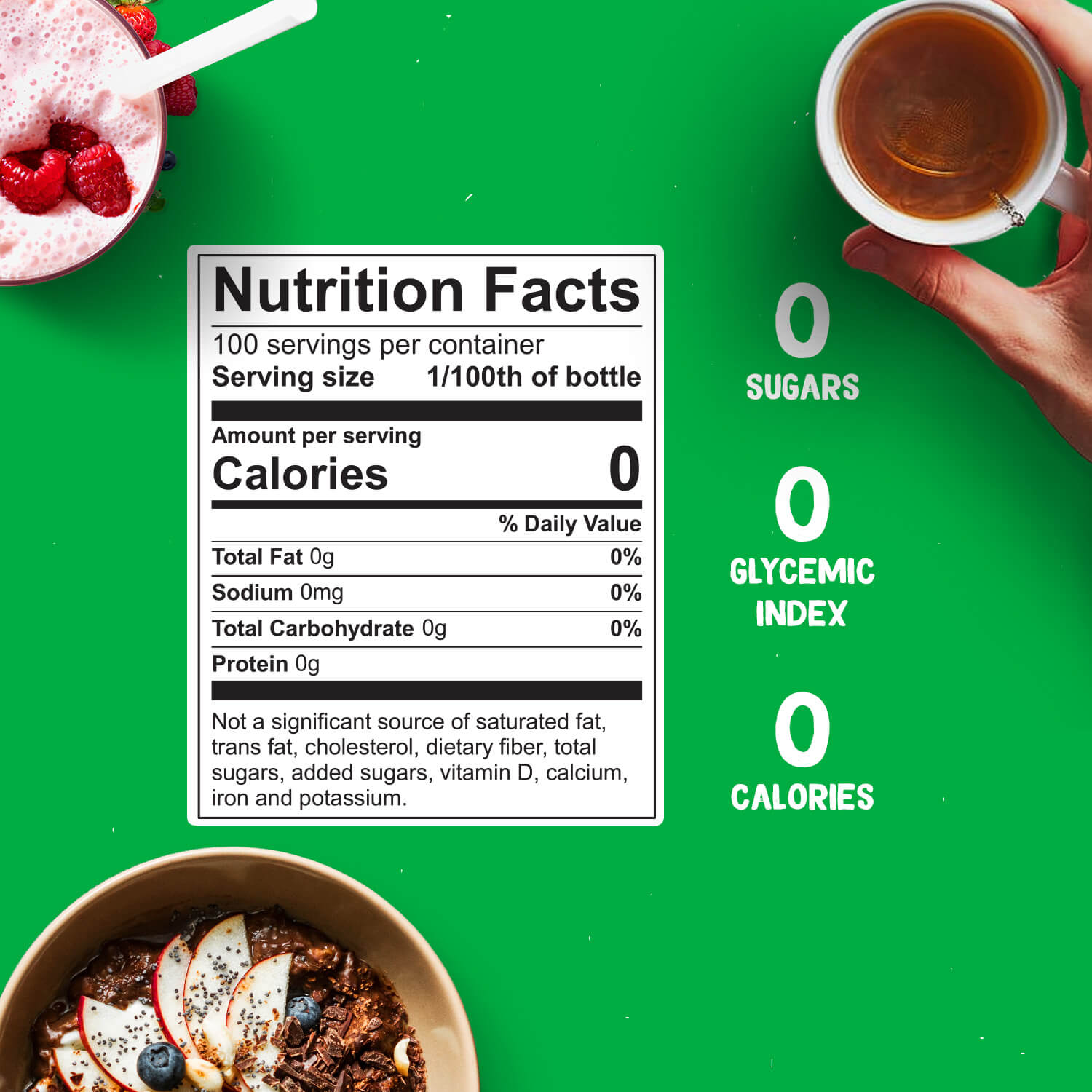 Pyure Vanilla Flavor Organic Liquid Stevia graphic showing no sugars, zero glycemic index and no calories